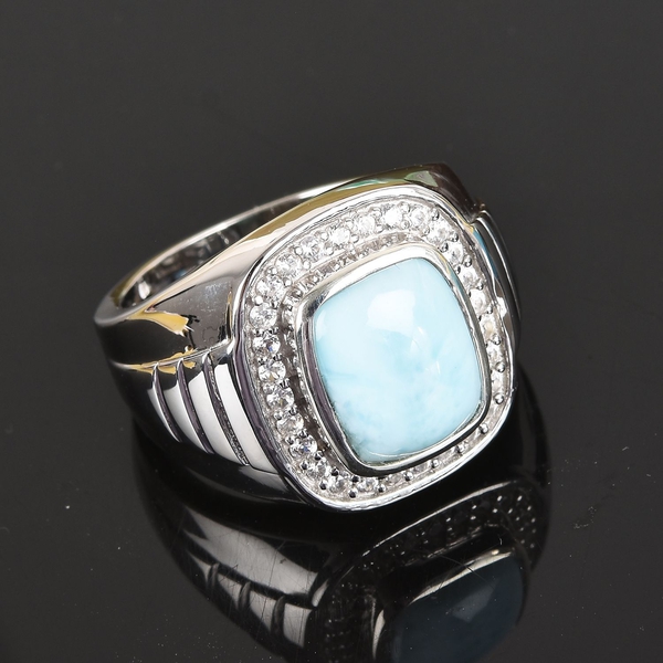 Larimar and Natural Cambodian Zircon Ring in Platinum Overlay Sterling Silver 5.53 Ct, Silver wt 10.00 Gms