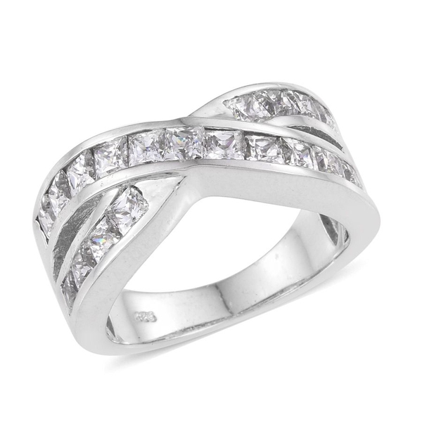 Lustro Stella - Platinum Overlay Sterling Silver (Sqr) Criss Cross Ring Made with Finest CZ, Silver 