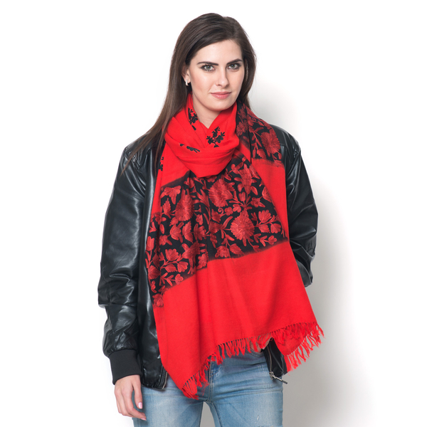 Superfine 100% Merino Wool Leaves Embroiderd Red and Black Colour Scarf (Size 190x70 Cm)