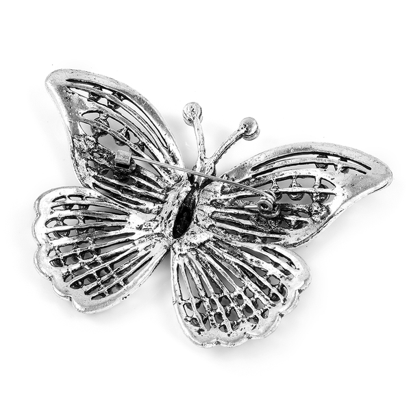 Multi Colour Austrian Crystal (Rnd), Simulated Grey Spinel Butterfly Brooch in Silver Tone