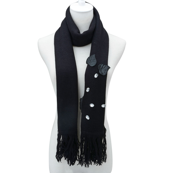 Resin Floral and Leaf Black Colour Scarf with Glass (Size 160x65 Cm)
