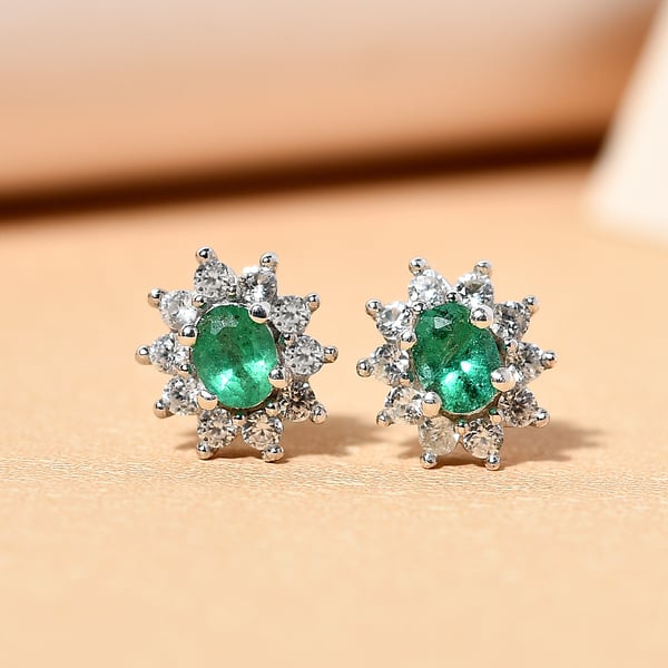 Premium Emerald and Natural Cambodian Zircon Stud Earrings (With Push Back) in Platinum Overlay Sterling Silver