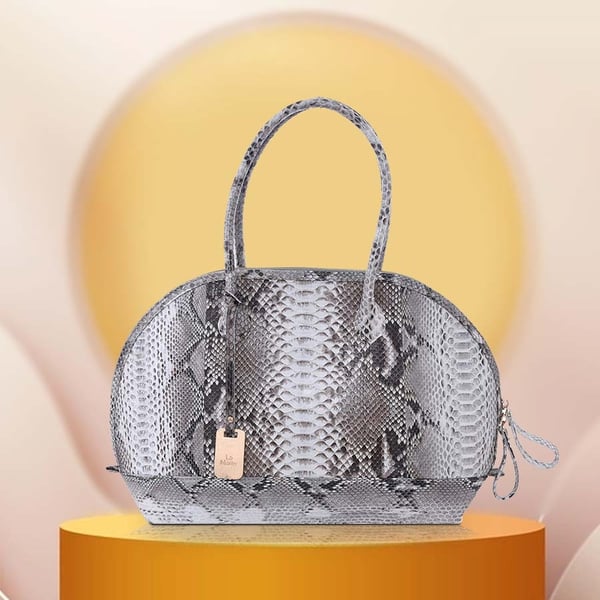 LA MAREY 100% Genuine Python Leather Snake Print Tote Bag with Zipper Closure (Size 31x25x14cm) - Grey