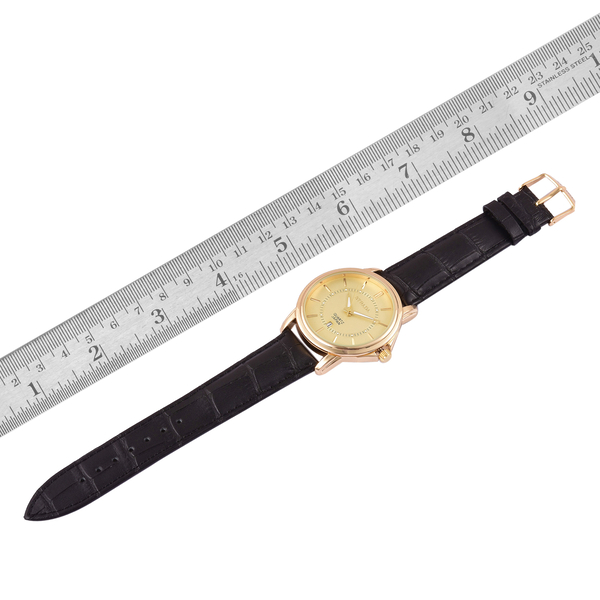 STRADA Japanese Movement Golden Dial Watch in Yellow Gold Tone with Stainless Steel Back and Black Colour Genuine Leather Strap