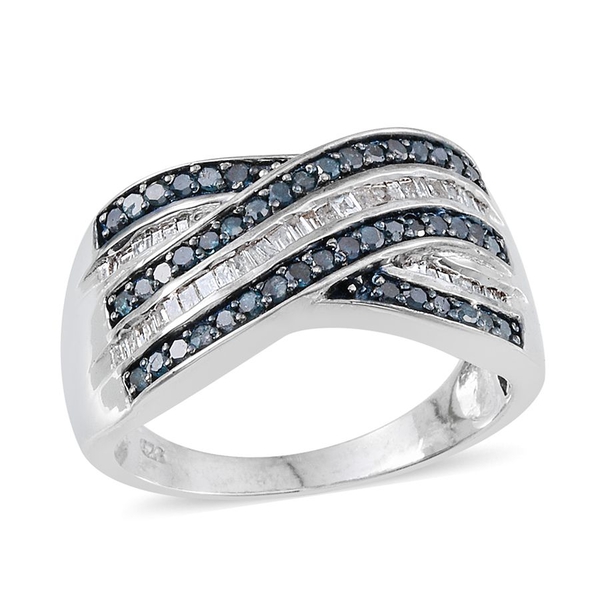 Blue Diamond (Rnd), White Diamond Criss Cross Ring in Platinum Overlay Sterling Silver 1.000 Ct.
