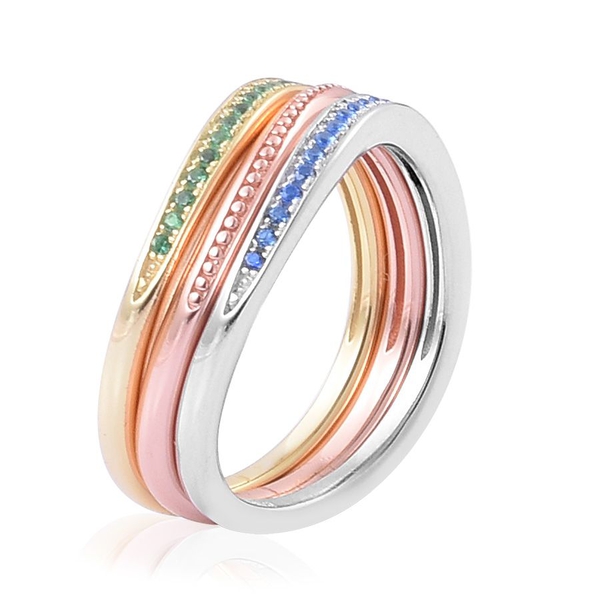 ELANZA AAA Simulated Emerald and Simulated Blue Spinel 3 Ring Set in Yellow Gold, Rose Gold and Rhodium Plated Sterling Silver