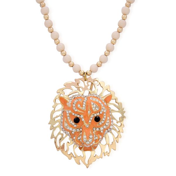 Creature Couture - Lion Head Necklace (Size 32) with Black and White Austrian Crystal in Gold Tone