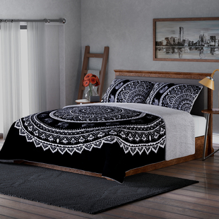 Set of 3 - Microflannel Mandala Printed Comforter in King Size with Sherpa Lining with 2 Sherpa Pillowcases - Black Colour - (230cm x 250cm)