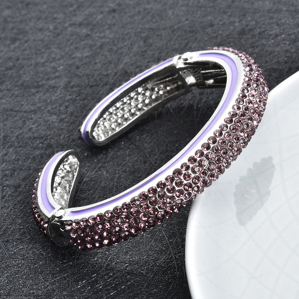 Purple Austrian Crystal Cuff Bangle (Size 7) Enamelled in Silver Tone