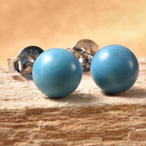 Blue Howlite Stud Earrings ( With Push Back) in Rhodium Overlay Sterling Silver 3.50 Ct.