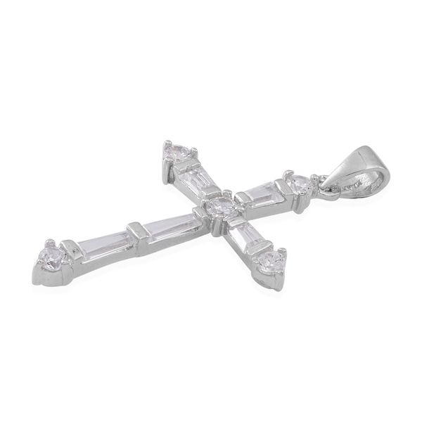 (Option 1) ELANZA AAA Simulated Diamond (Rnd) Cross Pendant in Rhodium Plated Sterling Silver