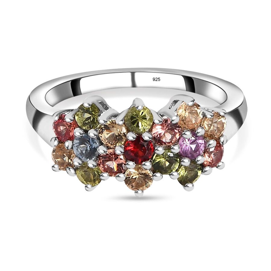 Rainbow Sapphire Cluster Ring in Platinum Overlay Sterling Silver 1.51 Ct