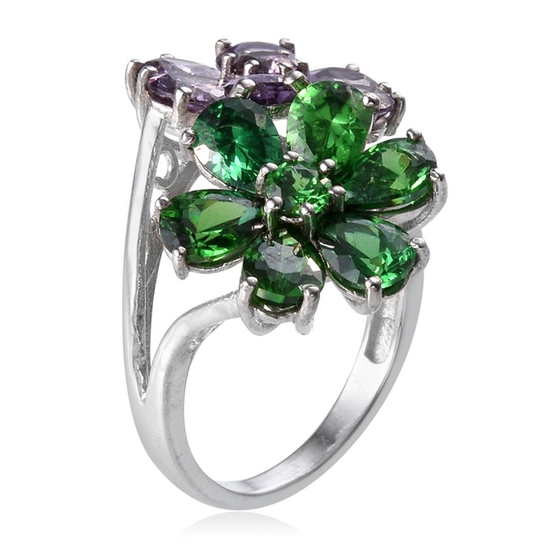 AAA Simulated Amethyst (Pear), Simulated Emerald Twin Floral Ring in ION Plated Platinum Bond