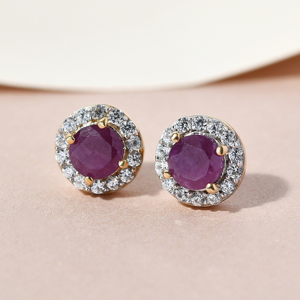 Natural Moroccan Ruby and Natural Cambodian Zircon Stud Earrings (with Push Back) in 14K Gold Overlay Sterling Silver 1.26 Ct.