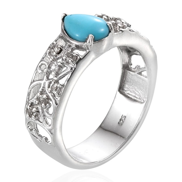 Arizona Sleeping Beauty Turquoise (Pear 0.75 Ct), White Topaz Ring in Platinum Overlay Sterling Silver 1.000 Ct.