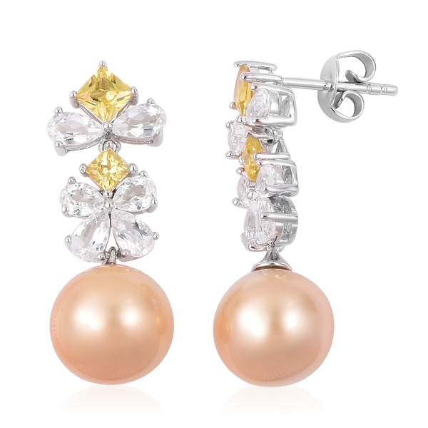 South Sea Golden Pearl (Rnd 10-10.5 mm), White Topaz and Yellow Sapphire Earrings (with Push Back) i