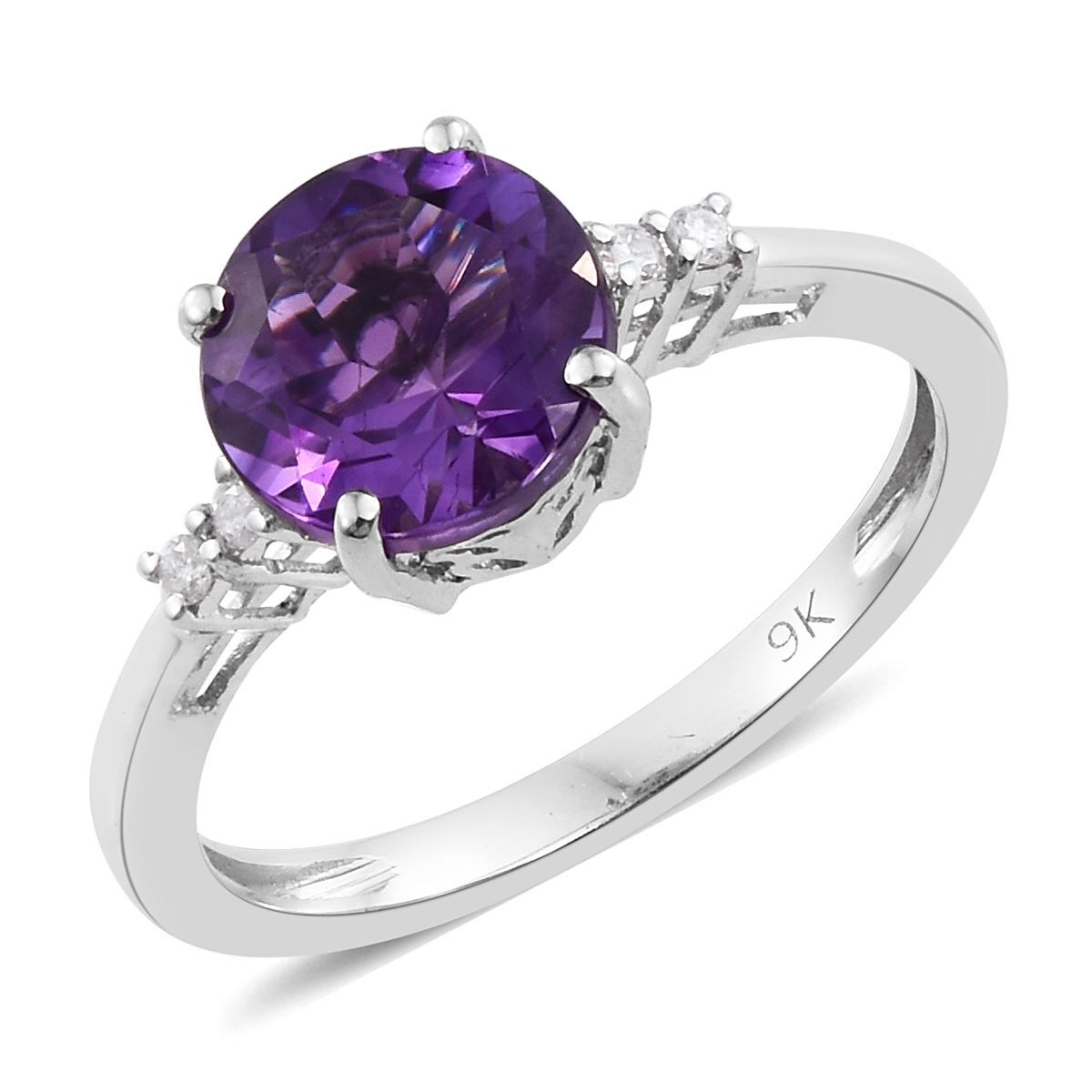 9K White Gold 1.85 Carat AA Amethyst Ring with Diamond