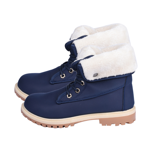 Womens Flat Fur Lined Grip Sole Winter Army Combat Ankle Boots - Navy