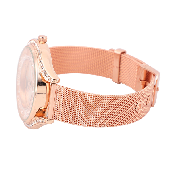 STRADA Japanese Movement Silver Dial Crystal Studded Water Resistant Watch in Rose Gold Colour Mesh Belt