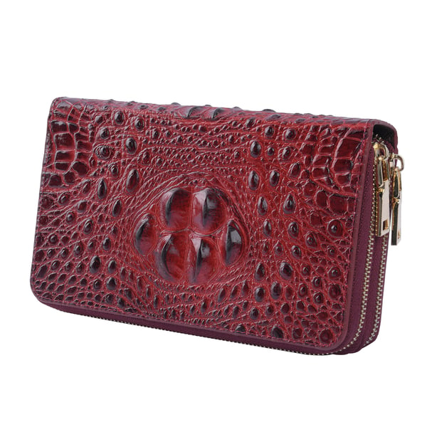 100% Genuine Leather Croc Embossed Wallet with Double Zipper Closure (Size 20X12X5 Cm) - Burgundy