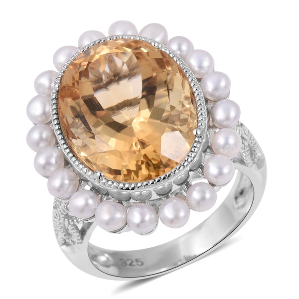 Limited Edition- Rare Size Citrine (Ovl 9.00 Ct), Freshwater Pearl Ring in Rhodium Overlay Sterling 