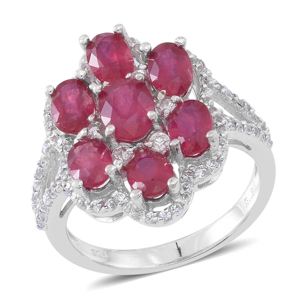 6 Carat African Ruby and Zircon Cluster Ring in Rhodium Plated Silver 5.15 Grams
