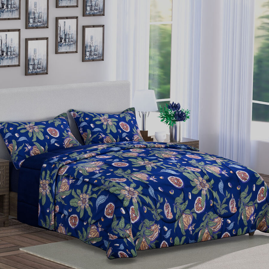 3 Piece Set - Floral Digital Printed Duvet Cover (Size 200 Cm) And Pillowcase (Size 70X50 Cm) - Navy & Multi (Double)