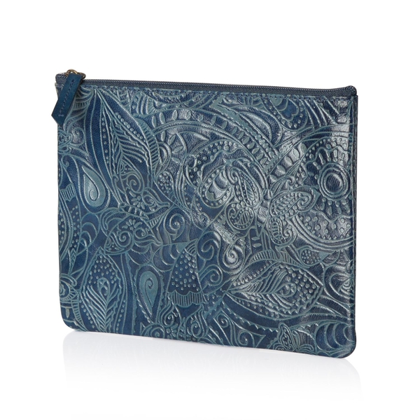 Genuine Leather Peacock Feather and Paisley Embossed Batik Prints Blue Colour Luggage Tag, Passport Holder, Clutch and and a Cosmetic Pouch