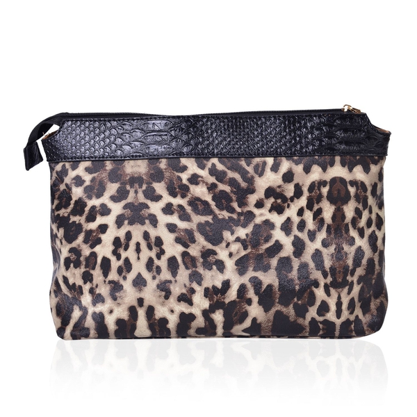 Set of 2 - Black and Chocolate Colour Snake Embossed Handbag (Size 38X26X13 Cm) and Leopard Pattern Pouch (Size 32.5X23.5X12.5 Cm)