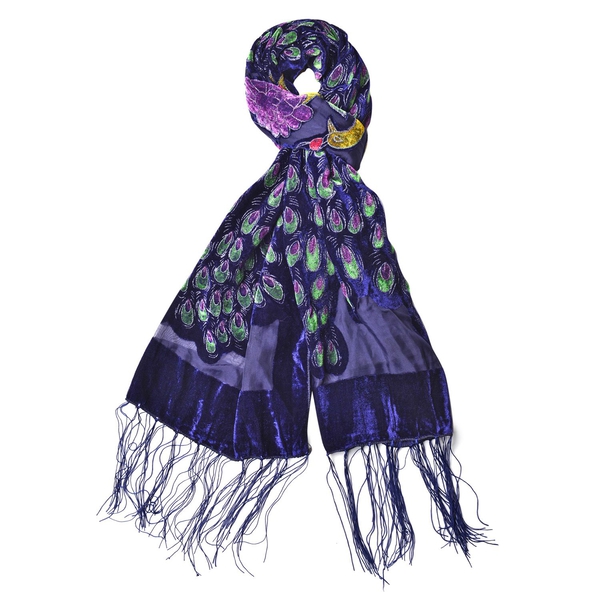 Designer Inspired - Dark Blue, Green and Multi Colour Peacock and Floral Pattern Scarf with Tassels 
