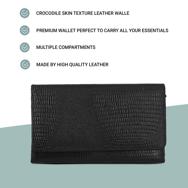 100% Genuine Leather Lizard Embossed Womens RFID Protected Wallet (Size 18x10 Cm) - Black