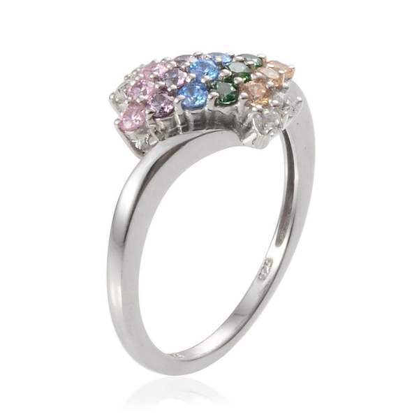Lustro Stella - Platinum Overlay Sterling Silver (Rnd) Ring Made with Blue, Green, Yellow, Amethyst, White and Pink  ZIRCONIA 0.570 Ct.