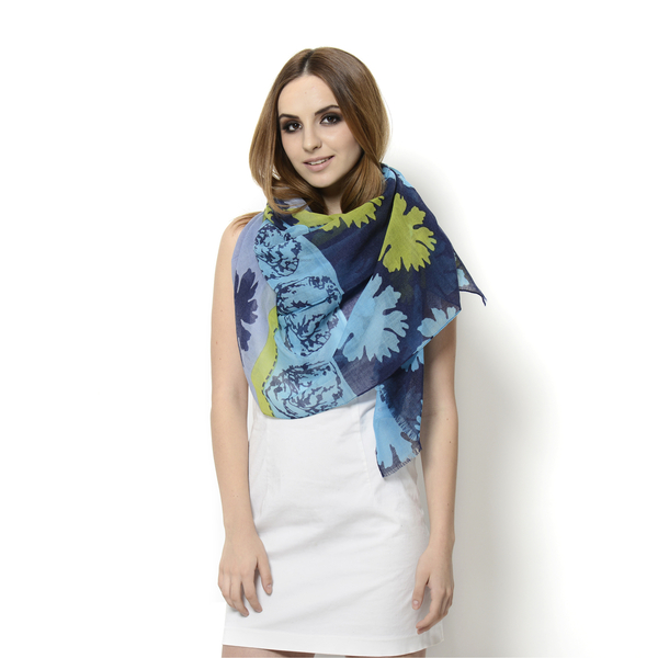 100% Wool Floral Pattern Blue, Turquoise and Multi Colour Scarf (Size 180x100 Cm)