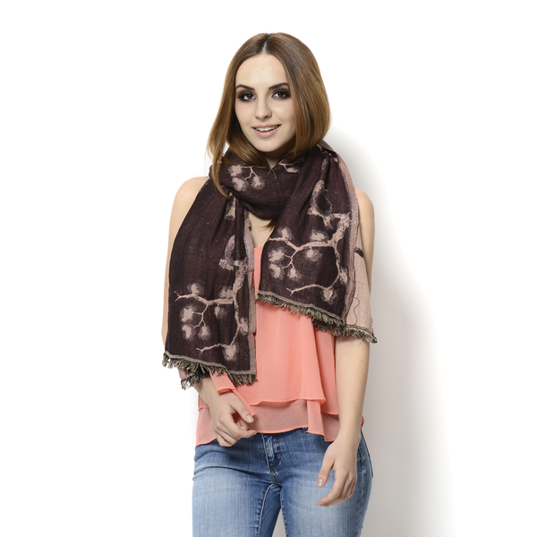 Rose Colour Bird and Branches Embroidered Burgundy Colour Scarf (Size 180x70 Cm)