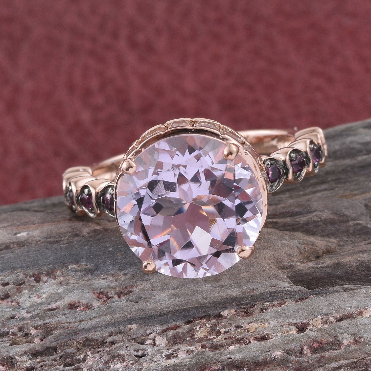 GP Rose De France Amethyst (Rnd 5.75 Ct), Rhodolite Garnet, White Topaz and Kanchanaburi Blue Sapphire Ring in Rose Gold Overlay Sterling Silver 8.750 Ct.
