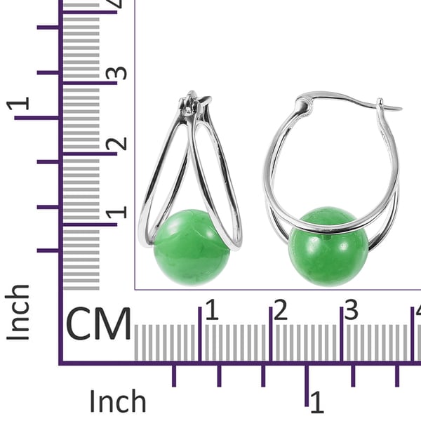 Green Jade (Rnd 10 mm) Hoop Earrings (with Clasp) in Rhodium Overlay Sterling Silver 17.5 Ct.