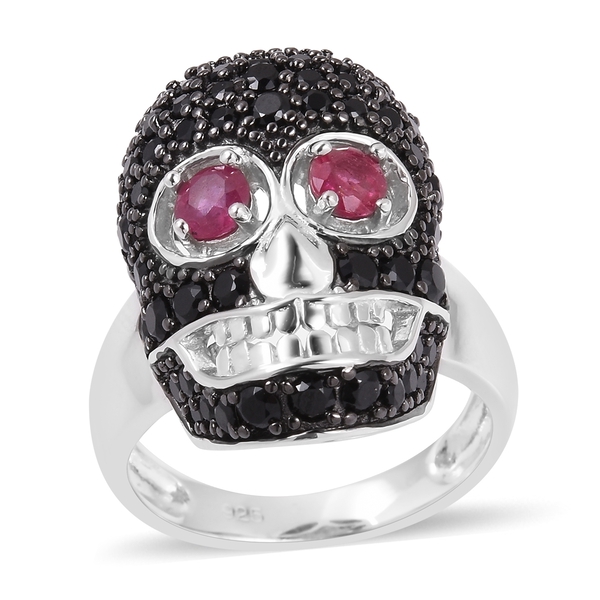 Designer Inspired-Boi Ploi Black Spinel (Rnd), African Ruby Skull Ring in Black and Rhodium Overlay 