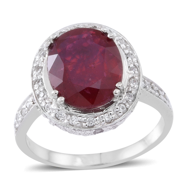 African Ruby (Ovl 6.50 Ct), White Zircon Ring in Rhodium Plated Sterling Silver 7.500 Ct.