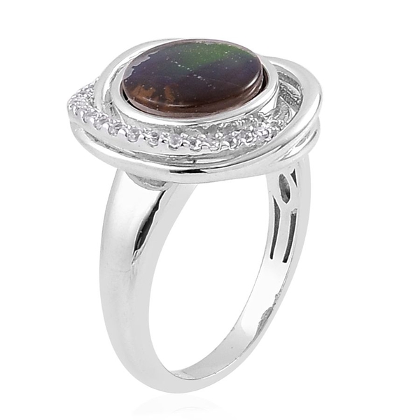 Canadian Ammolite (Rnd 2.50 Ct), White Zircon Ring in Platinum Overlay Sterling Silver 2.700 Ct.