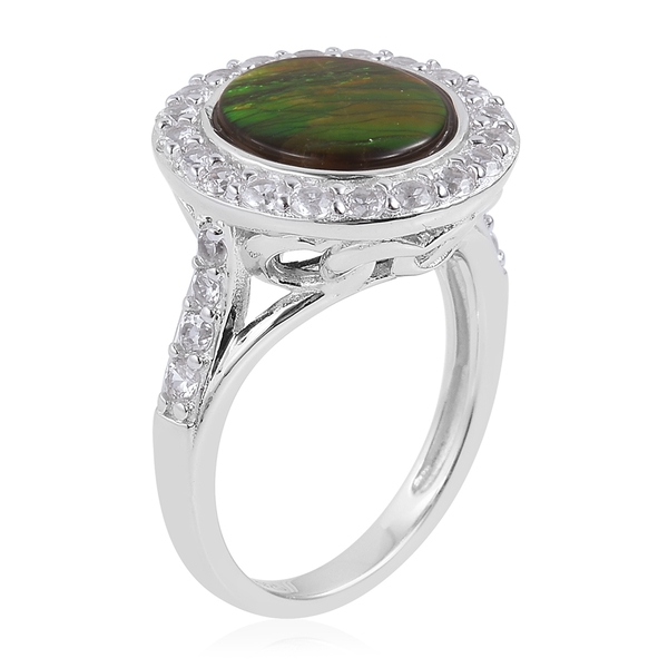 AA Canadian Ammolite (Rnd 10mm), Natural White Cambodian Zircon Ring in Rhodium Plated Sterling Silver 3.850 Ct.