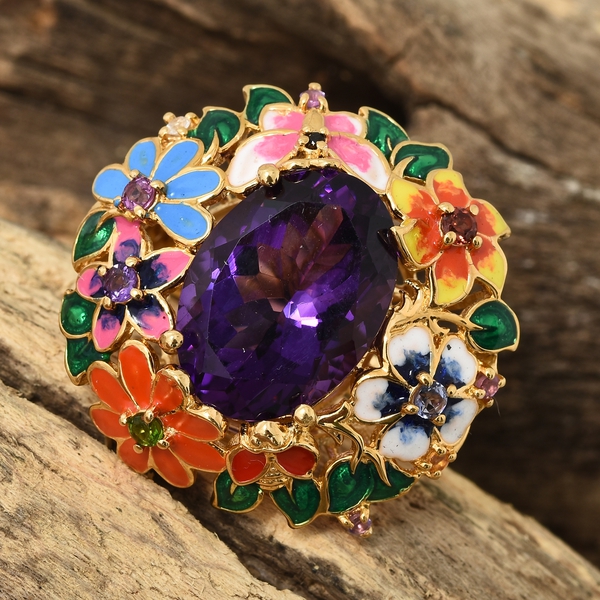 Limited Edition- GP Amethyst (Rare Size Ovl 18x13 mm 11.00 Ct), Mozambique Garnet, Chrome Diopside, Citrine and Multi Gemstone Floral Ring in 14K Gold Overlay Sterling Silver 11.500 Ct.
