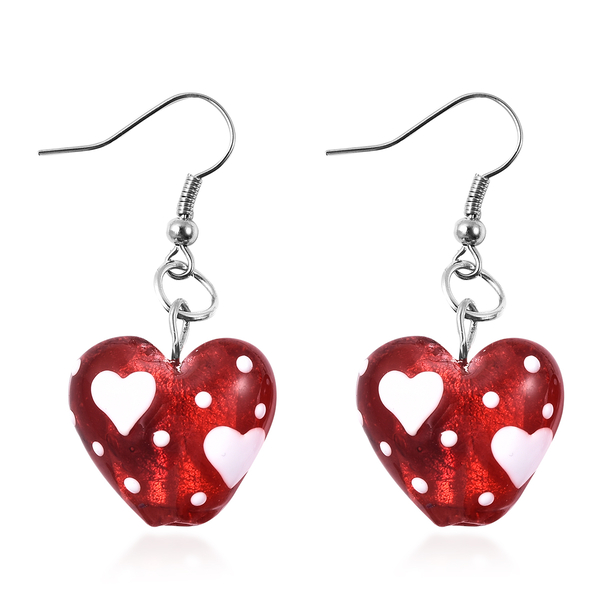 2 Piece Set - Red Murano Style Glass and Simulated Diamond Enamelled Heart Stretchable Bracelet (Size 7) and Hook Earrings in Silver Tone