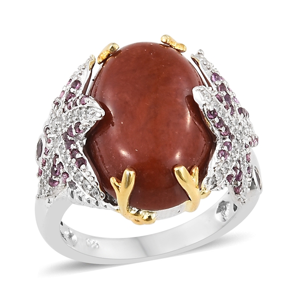 Red Jade (Ovl), Rhodolite Garnet and Natural Cambodian Zircon Ring in Platinum and Yellow Gold Overl