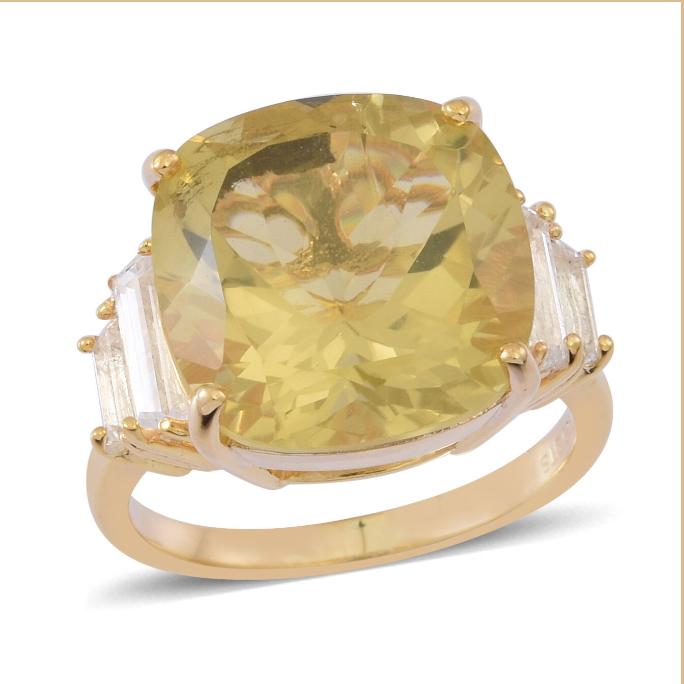 Lemon Quartz (Cush 12.00 Ct), White Topaz Ring in 14K Gold Overlay Sterling Silver 13.000 Ct.