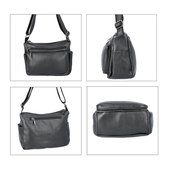 100% Genuine Leather Multiple Pocket Crossbody Bag with Zipper Closure & Adjustable Shoulder Strap (Size 28x23x10 Cm) - Black