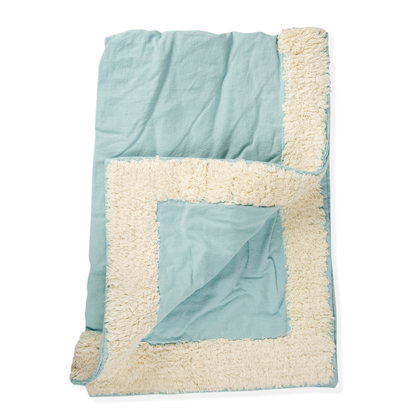 100% Cotton Teal and Cream Colour Tufted Bed Cover with Fringes (Size 260X240 Cm) and 2 Pillow Cases(Size 70X50 Cm)