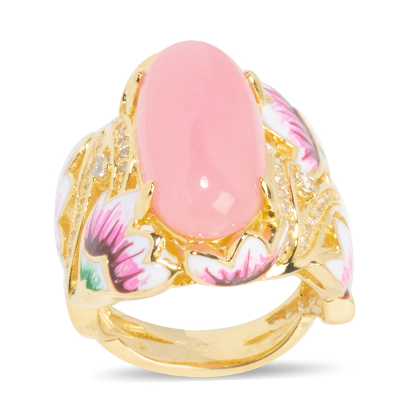 11.71 Ct Pink Jade and Zircon Art Deco Ring in Gold Plated with Enameling Silver 8.46 Grams