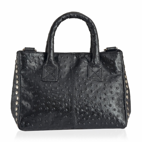 Genuine Leather Ostrich Pattern Black Colour Handbag with Removable Shoulder Strap (Size 26x20 Cm)