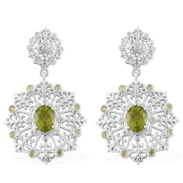 AA Hebei Peridot (Ovl), White Topaz Earrings (with Push Back) in Platinum Overlay Sterling Silver 5.