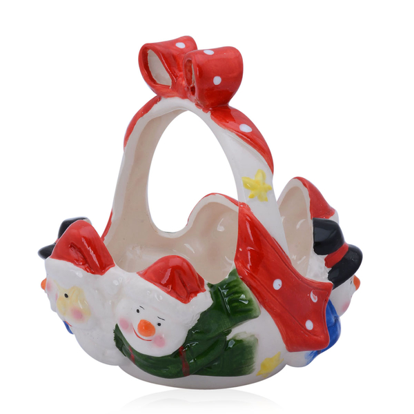 Multi Colour Ceramic Basket with Santa and Two Snowmen
